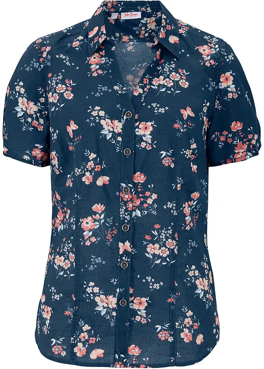 bonprix Kurzärmlige geblümte Bluse - blau - Damen