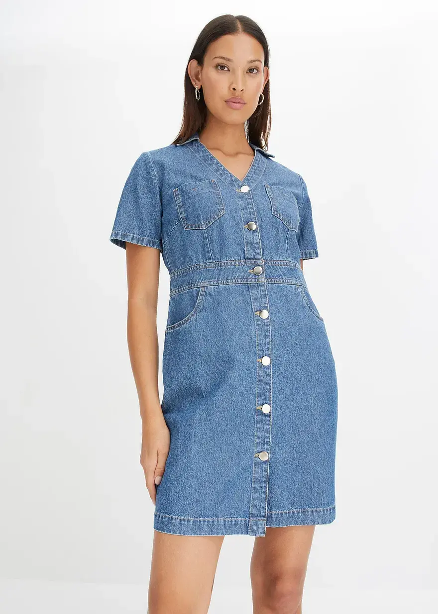 Bonprix Kurzes Denimkleid Aus Baumwolle - Blau - Damen