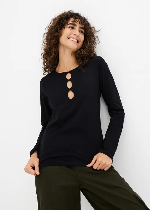 Bonprix Langarmshirt Mit Cut-Outs - Schwarz - Damen