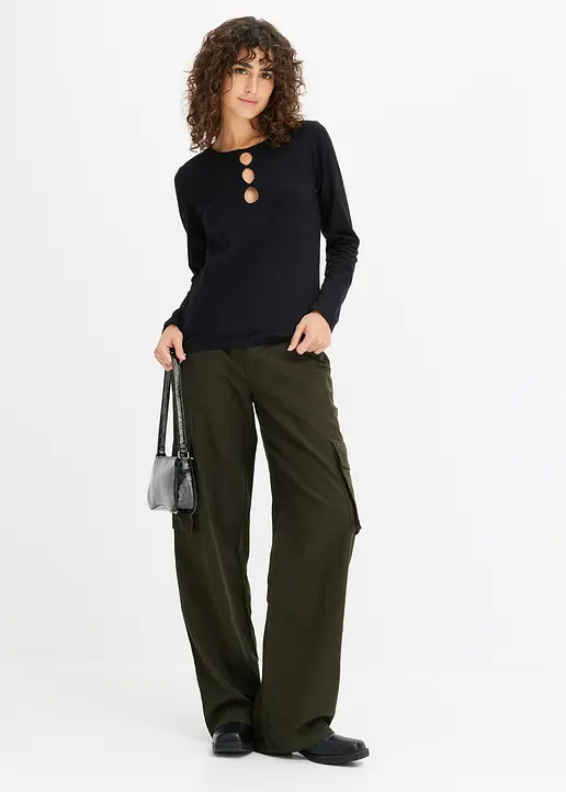 Bonprix Langarmshirt Mit Cut-Outs - Schwarz - Damen