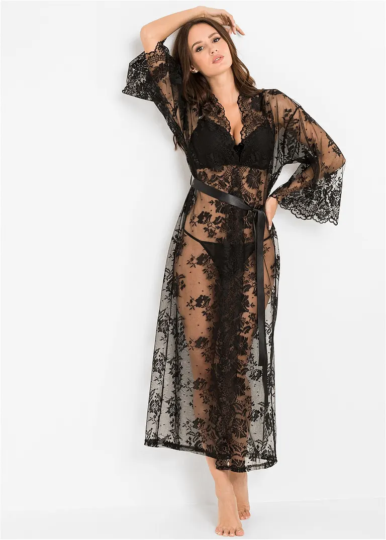 Bonprix Langer Kimono Aus Spitze - Schwarz - Damen