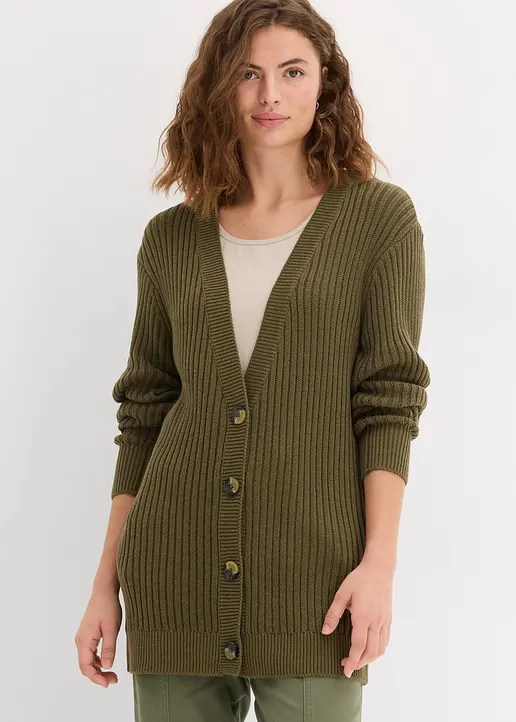 Bonprix Long-Strickjacke Aus Rippstrick - Grün - Damen