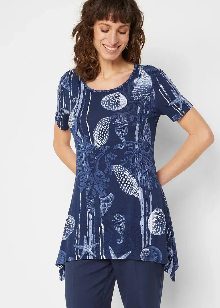 Bonprix Longshirt Mit Zipfel Kurzarm - Blau - Damen