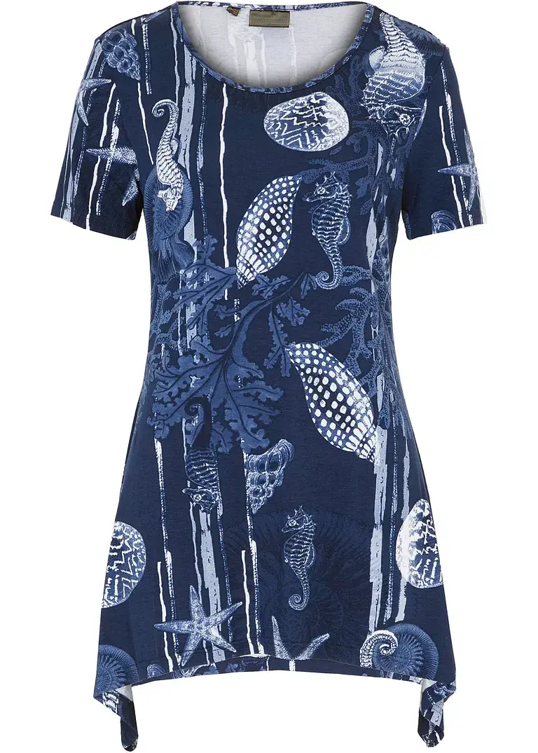bonprix Longshirt mit Zipfel Kurzarm - blau - Damen