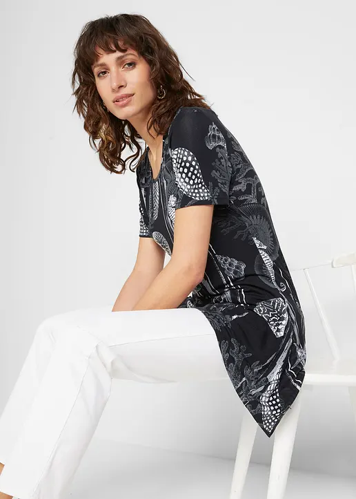 Bonprix Longshirt Mit Zipfel Kurzarm - Schwarz - Damen