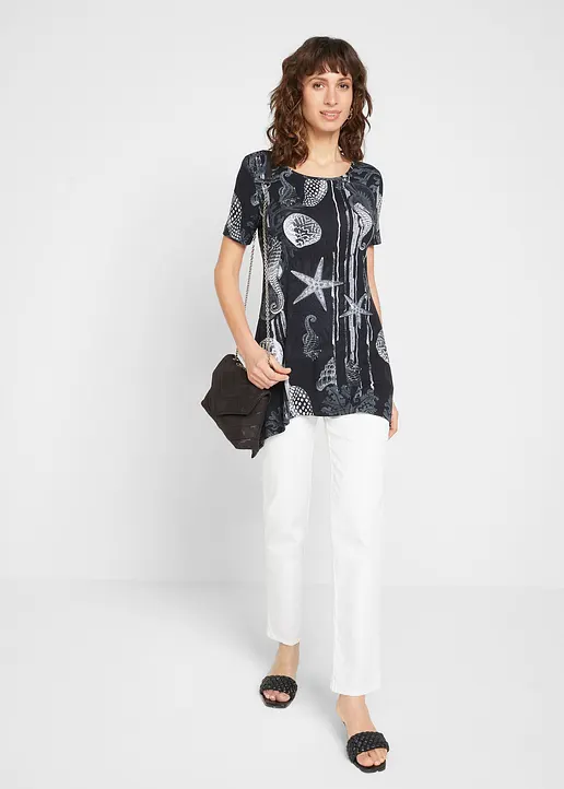Bonprix Longshirt Mit Zipfel Kurzarm - Schwarz - Damen