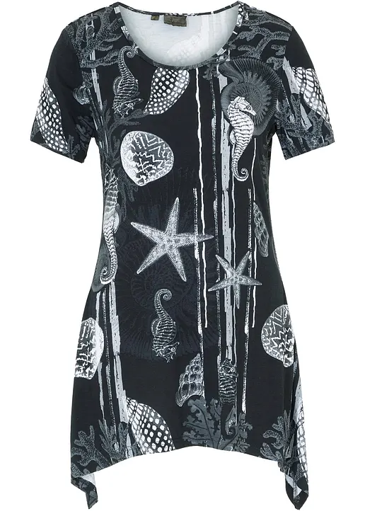 bonprix Longshirt mit Zipfel Kurzarm - schwarz - Damen