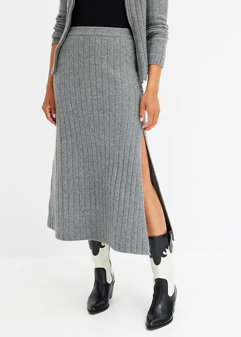 Bonprix Midi Strickrock Mit Schlitz - Grau - Damen