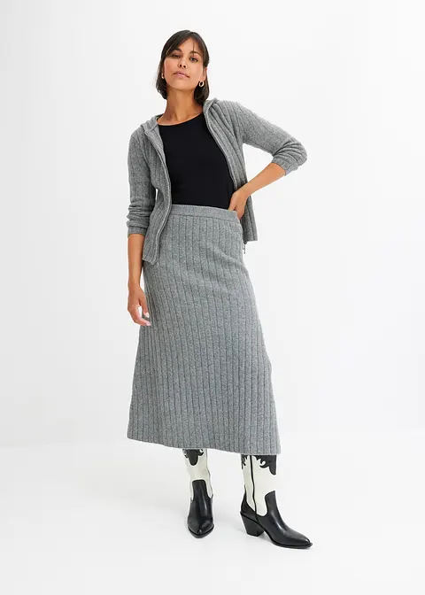 Bonprix Midi Strickrock Mit Schlitz - Grau - Damen