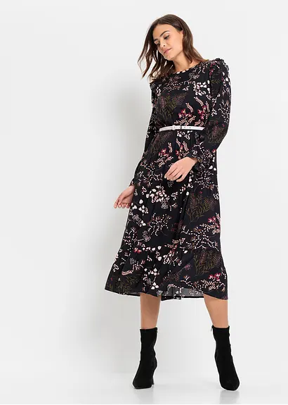 Bonprix Modernes Kleid Mit Rüschen - Schwarz - Damen