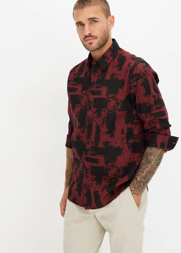 Bonprix Modisch Kariertes Langarmhemd - Rot - Herren