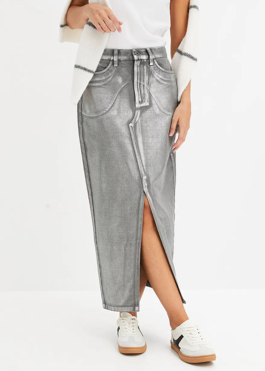 Bonprix Modischer Jeansrock Mit Schlitz - Grau - Damen