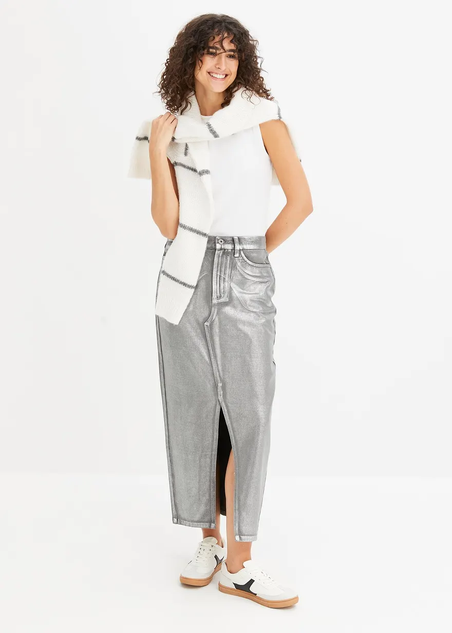 Bonprix Modischer Jeansrock Mit Schlitz - Grau - Damen