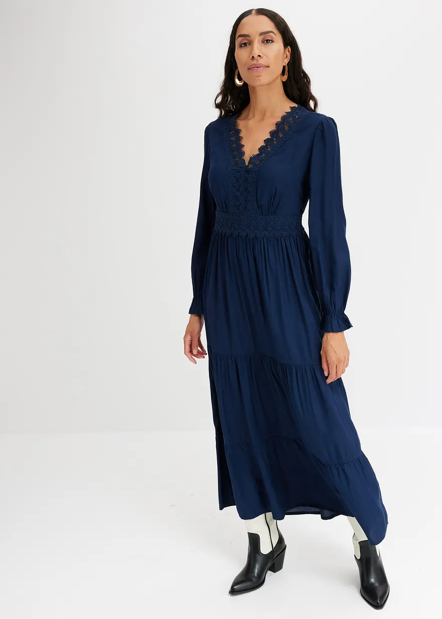 Bonprix Modisches Maxikleid Mit Spitze - Blau - Damen