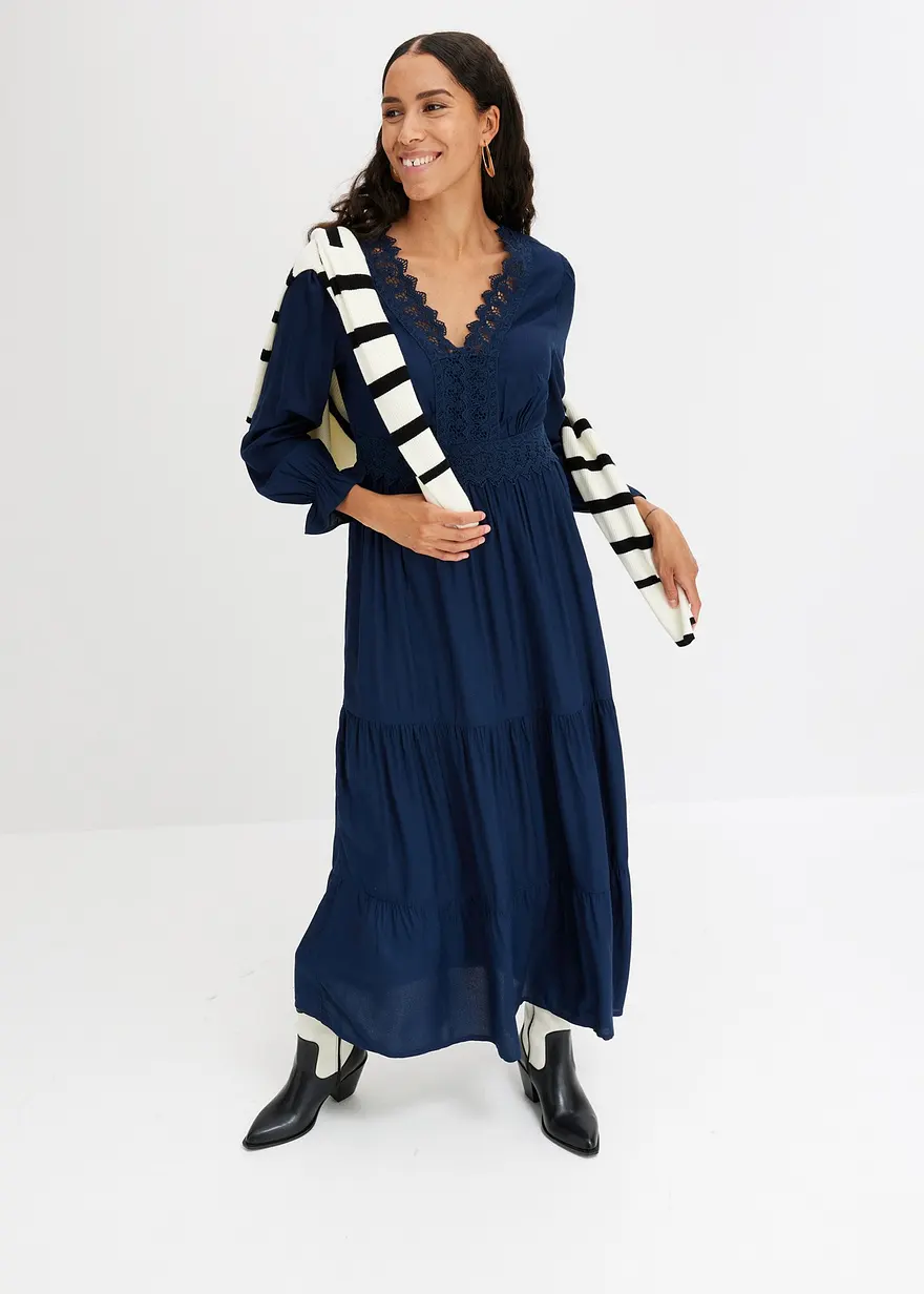 Bonprix Modisches Maxikleid Mit Spitze - Blau - Damen