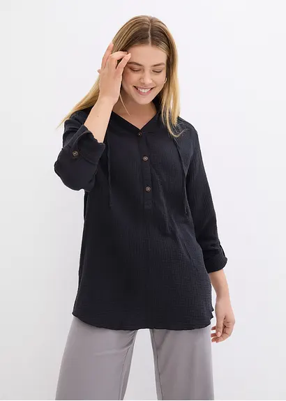 Bonprix Musselin-Tunika Mit Kapuze - Schwarz - Damen