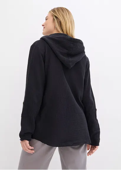 Bonprix Musselin-Tunika Mit Kapuze - Schwarz - Damen
