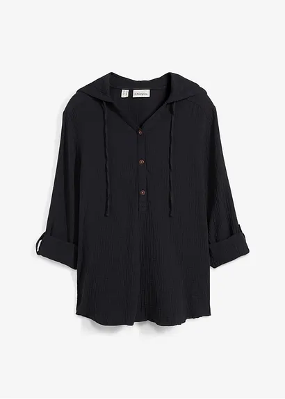 bonprix Musselin-Tunika mit Kapuze - schwarz - Damen