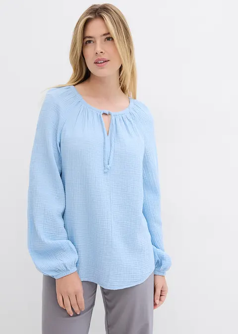 Bonprix Oversize-Bluse Aus Musselin - Blau - Damen