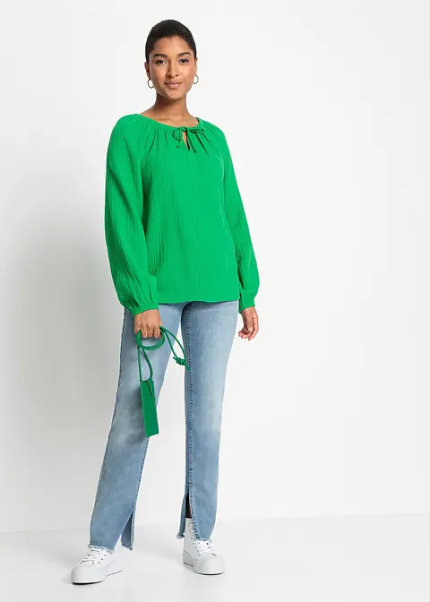 Bonprix Oversize-Bluse Aus Musselin - Grün - Damen