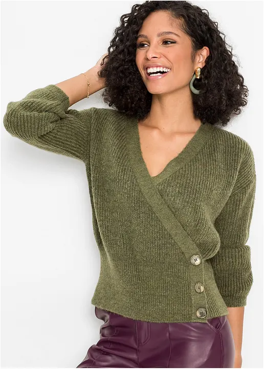 Bonprix Pullover In Wickeloptik - Grün - Damen
