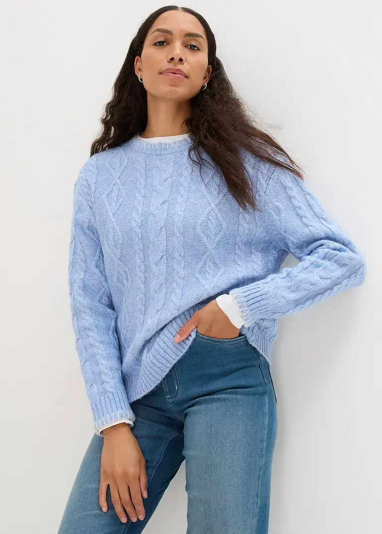 Bonprix Pullover Mit Zopfstrickmuster - Blau - Damen