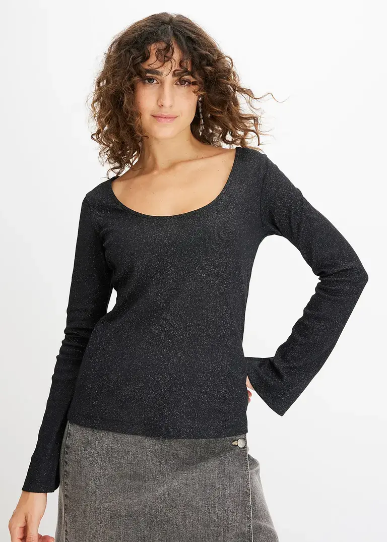 Bonprix Rippshirt Mit Glanzeffekt - Schwarz - Damen