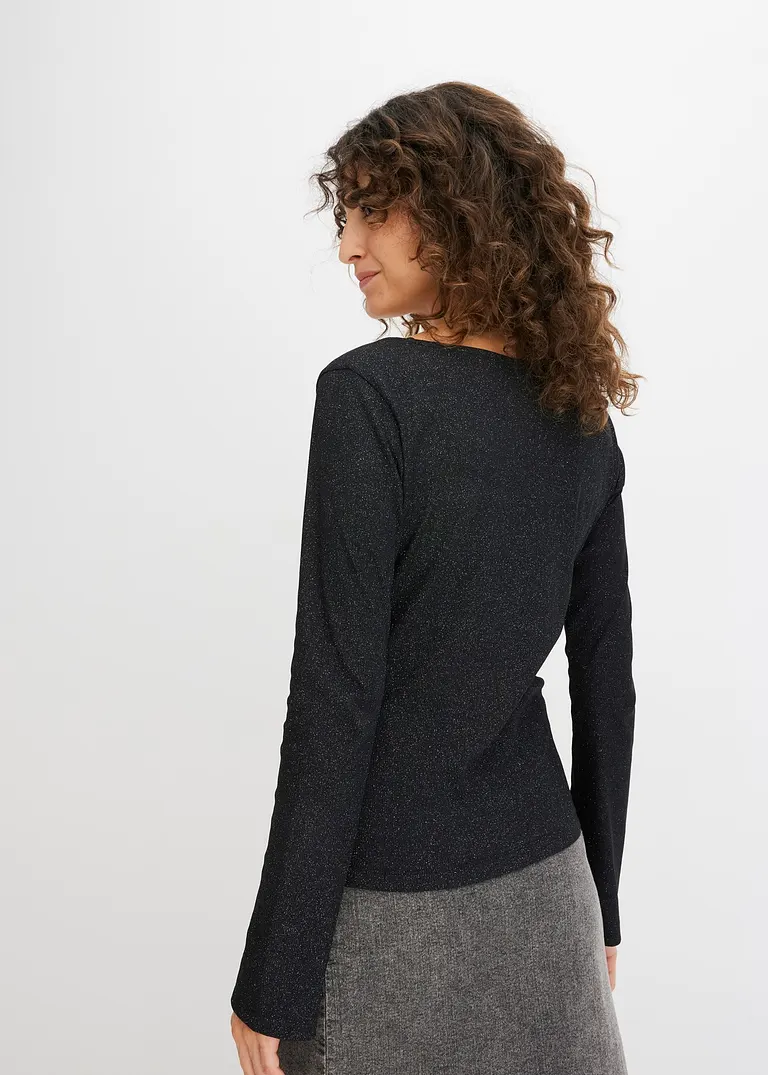 Bonprix Rippshirt Mit Glanzeffekt - Schwarz - Damen