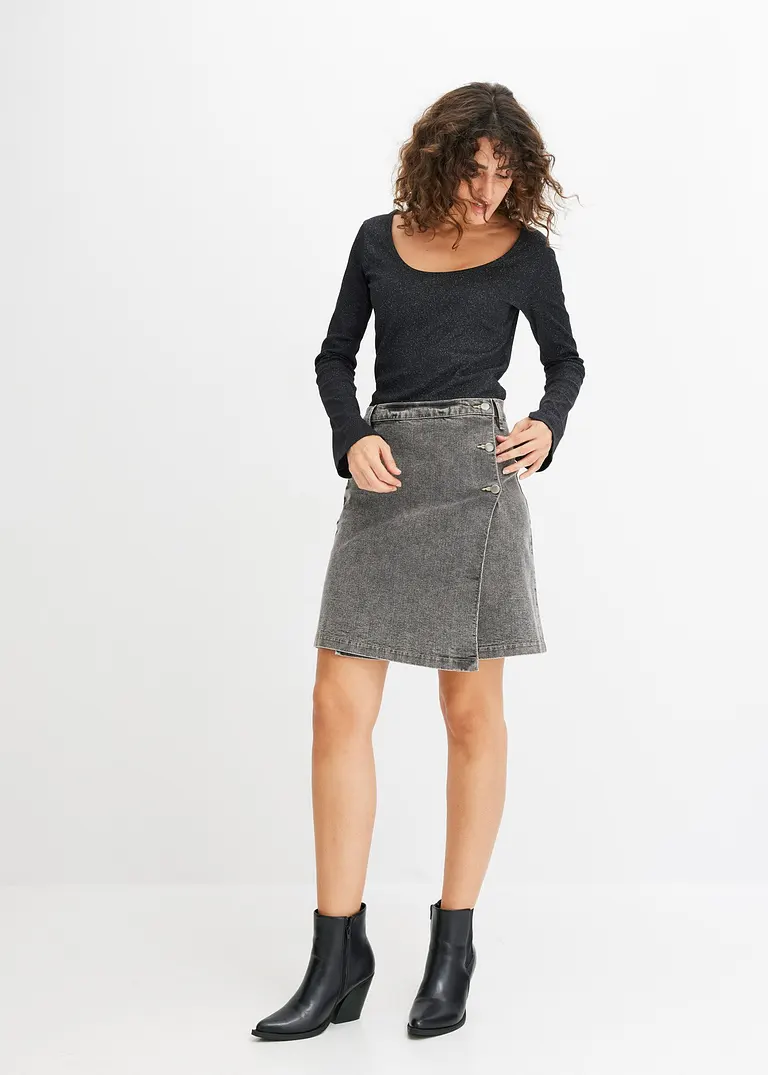 Bonprix Rippshirt Mit Glanzeffekt - Schwarz - Damen