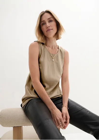 Bonprix Satintop Mit Fransenkante - Beige - Damen