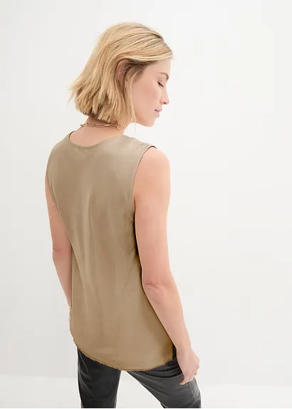 Bonprix Satintop Mit Fransenkante - Beige - Damen