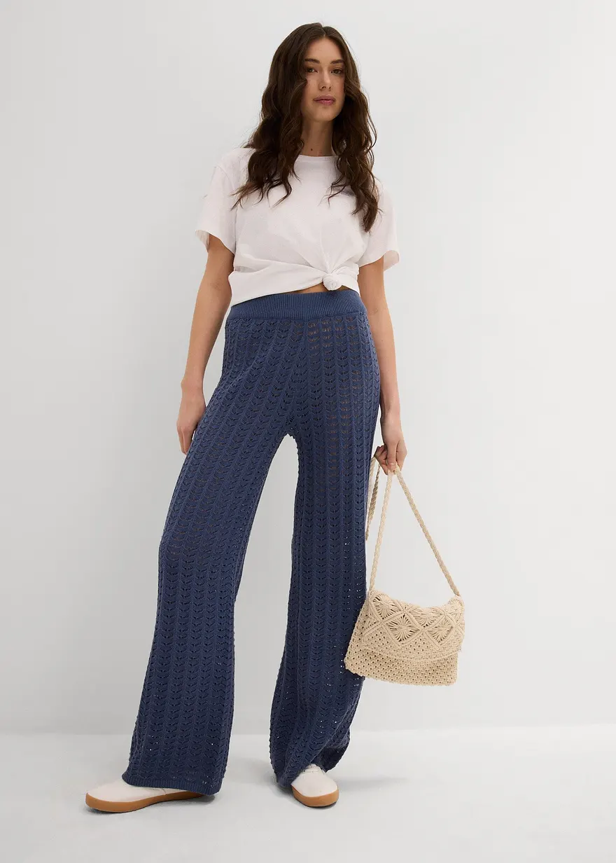 Bonprix Sommerliche Wide Leg Strickhose - Blau - Damen
