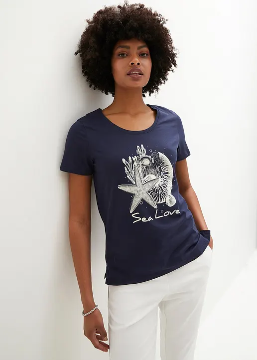 Bonprix T-Shirt Mit Maritimem Druck - Blau - Damen