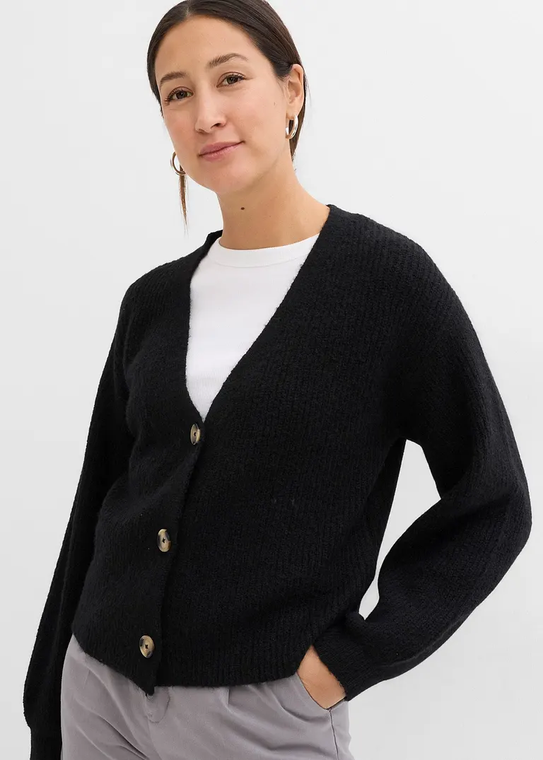 Bonprix Verkürzte Strickjacke - Schwarz - Damen