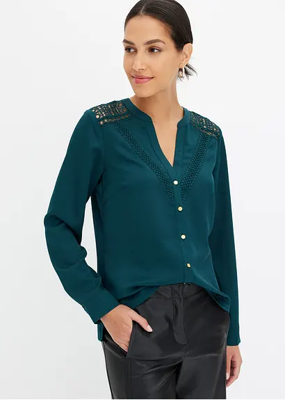 Bonprix Zeitlose Crepe-Bluse Mit Spitze - Grün - Damen