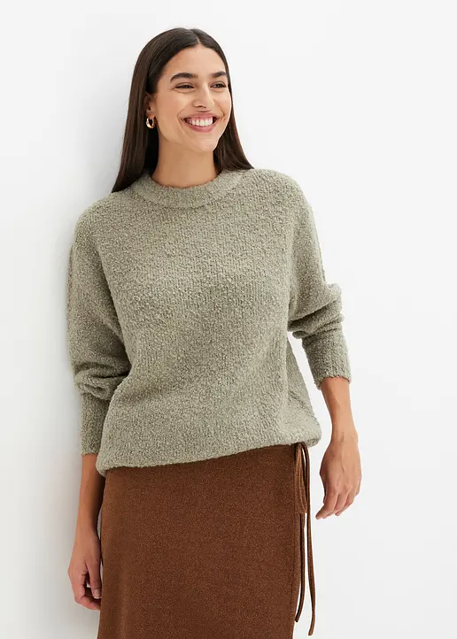 Bonprix Bouclé-Pullover Aus Softem Material Weit Geschnitten - Grün