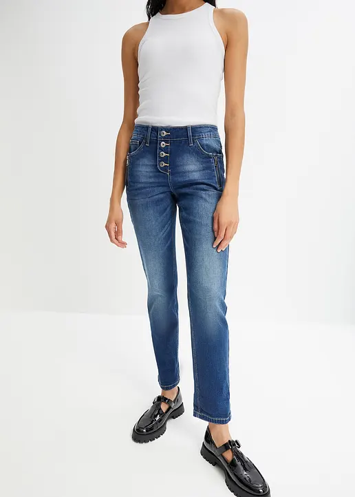 Bonprix Boyfriend-Jeans Mit Knopfleiste - Blau Regular - Damen