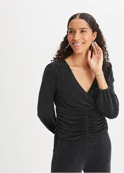Bonprix Brilliantes Langarmshirt In Wickeloptik - Schwarz