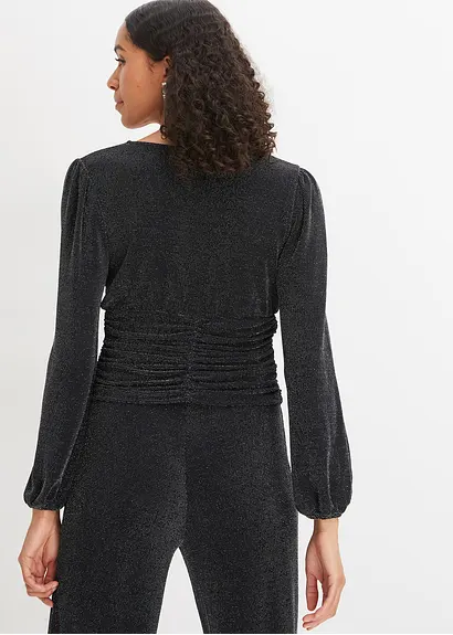 Bonprix Brilliantes Langarmshirt In Wickeloptik - Schwarz