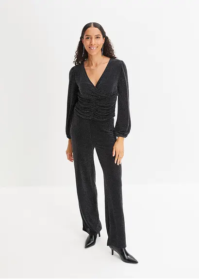 Bonprix Brilliantes Langarmshirt In Wickeloptik - Schwarz