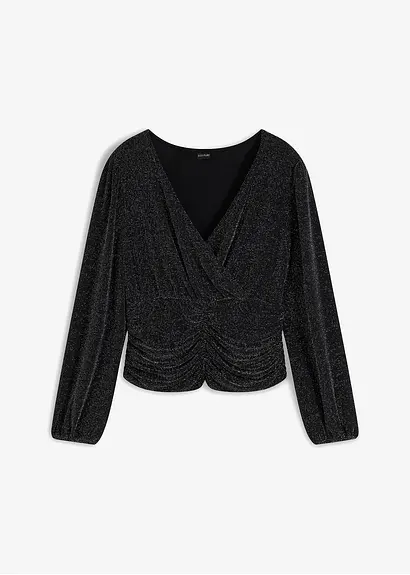 bonprix Brilliantes Langarmshirt in Wickeloptik - schwarz