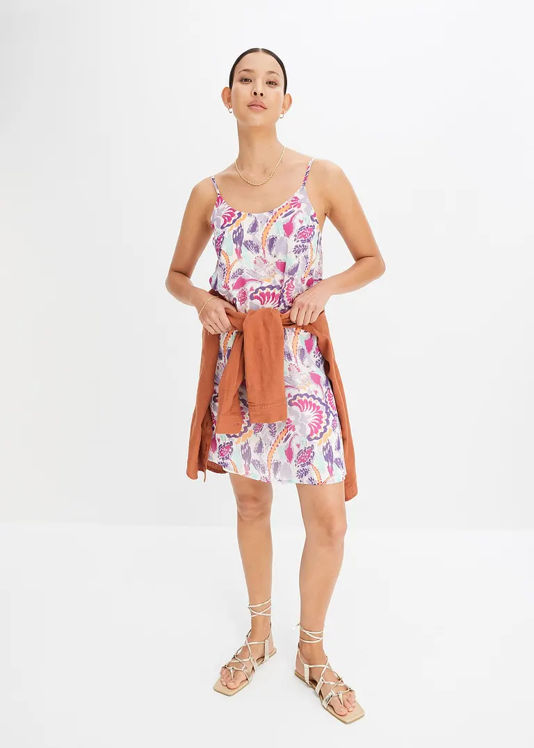 Bonprix Buntes Mini Webkleid Mit Dünnen Trägern - Lila - Damen
