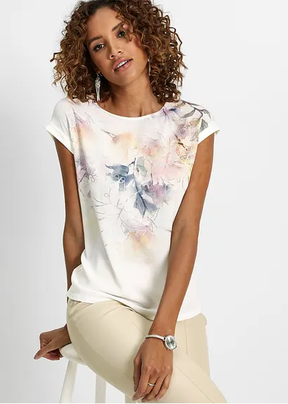 Bonprix Charmantes Blusenshirt Mit Blumenmuster - Weiß - Damen