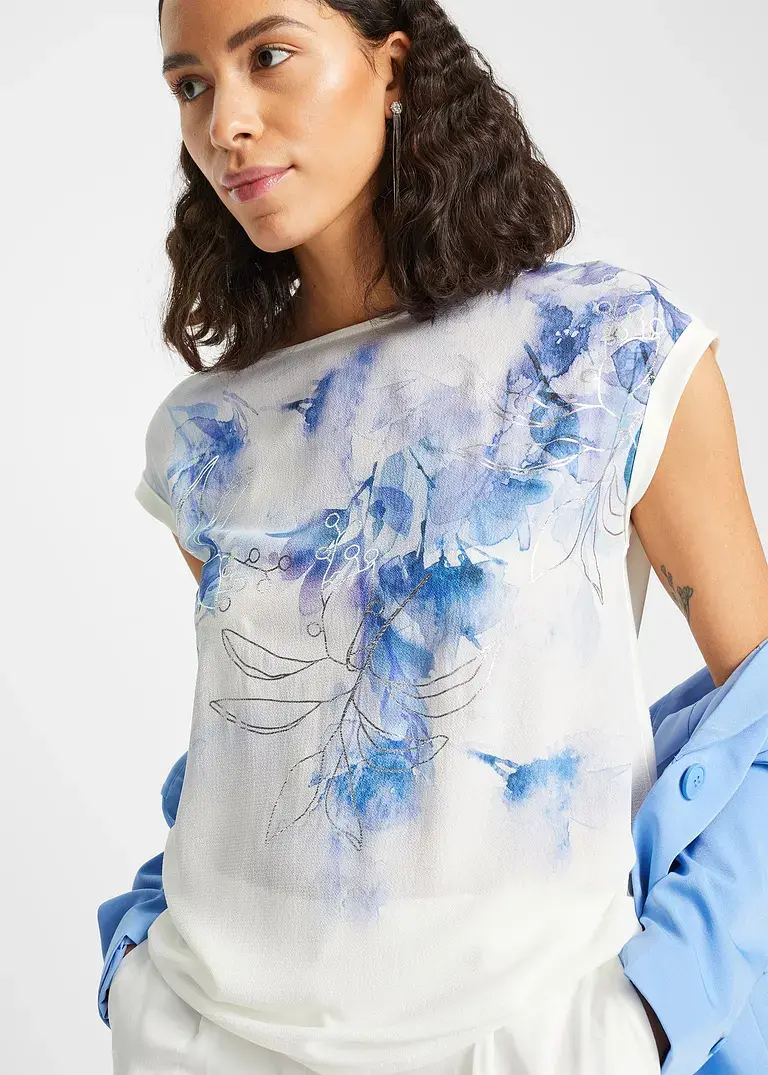 Bonprix Charmantes Blusenshirt Mit Blumenmuster - Weiß - Damen