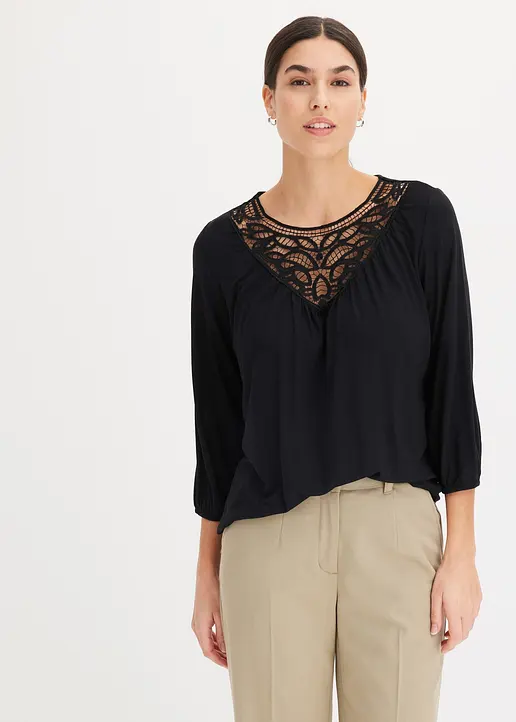 Bonprix Charmantes Shirt Mit Hochwertiger Spitze - Schwarz