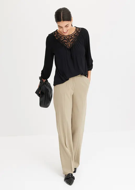 Bonprix Charmantes Shirt Mit Hochwertiger Spitze - Schwarz