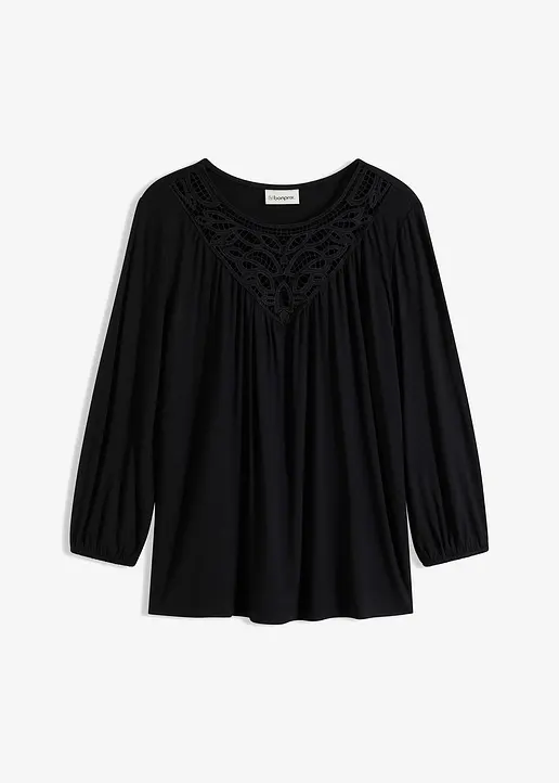 bonprix Charmantes Shirt mit hochwertiger Spitze - schwarz