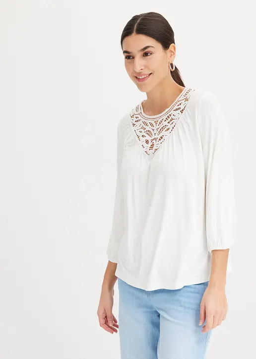 Bonprix Charmantes Shirt Mit Hochwertiger Spitze - Weiß - Damen