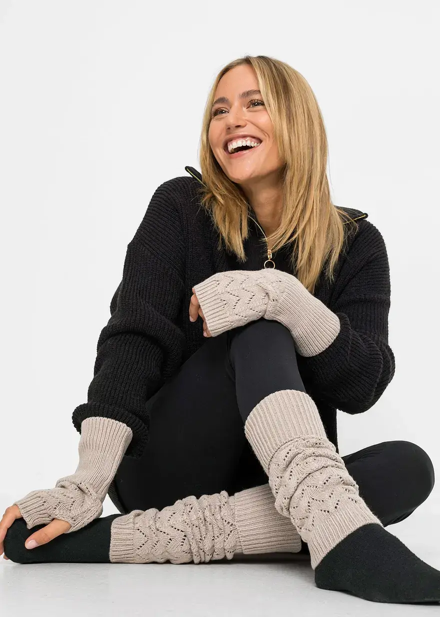 Bonprix Charmantes Strickset Mit Zopfmuster - Taupe - Damen