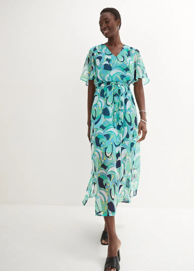 Bonprix Chiffon Kleid Mit Flügelärmeln Und Bindegürtel - Blau